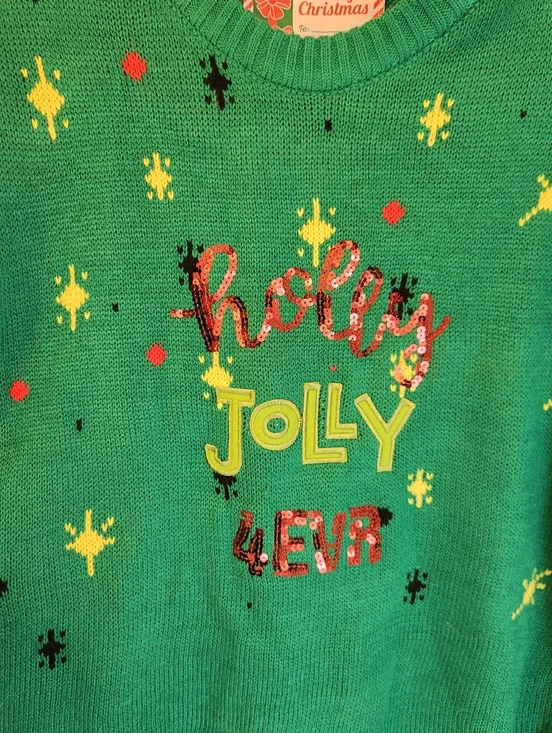 Holly Jolly 4ever Merry Christmas Green Sweater Holiday Womens Size M NWT #1173 - Picture 2 of 6